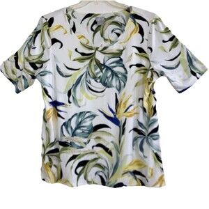 CHICO'S sz XL sz 3 Floral Bird of Paradise Smooth Stretch Knit Top 3/4 Sleeve